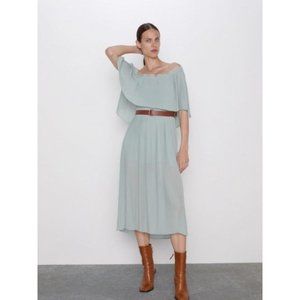 Zara Women's Medium Sea Green belted Pleated Dress Elastic off the shoulder